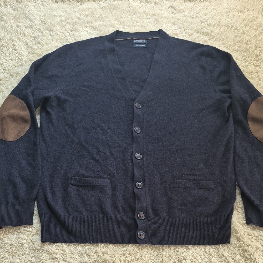 GUTTERIDGE Navy Blue Cashmere Cardigan Wool Blend elbow Patch V-neck Sweater